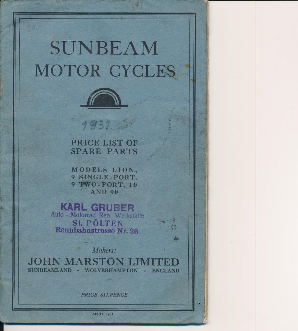 Sunbeam Motorcycles Spares List 1931 Original Used BRITISH Only