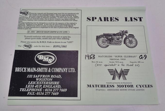 Spares List 1953 Matchless "super clubman"