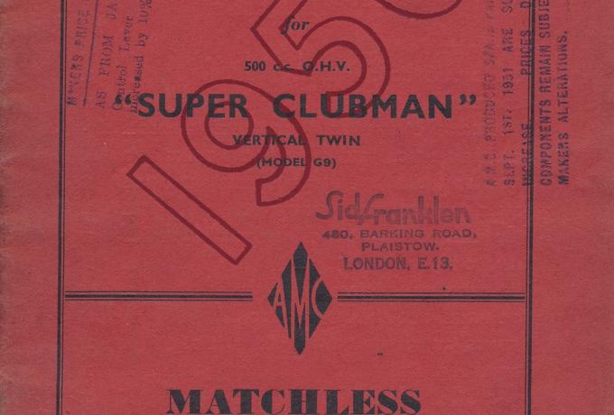 Matchless G9 Super Clubman Spares List 500 cc OHV 1950. 