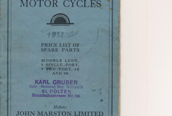 Sunbeam Motorcycles Spares List 1931 Original Used