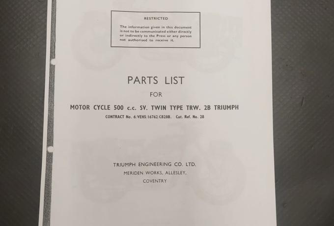 Triumph 500cc. SV. Twin Type TRW. 2B Parts List Copy