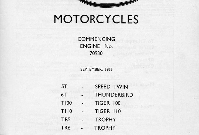 Triumph Replacement Parts Catalogue T100, T110, Trophy 1956. Copy