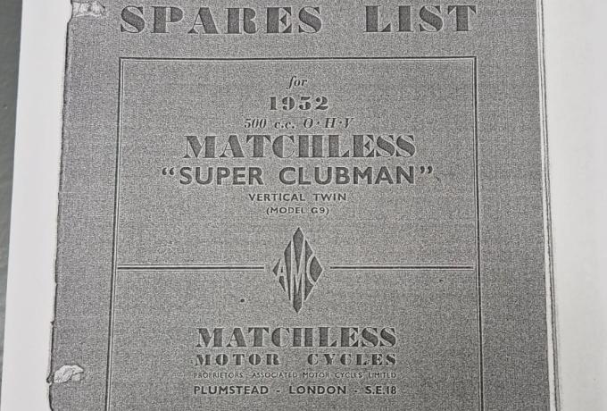 Matchless Super Clubman G9 Spares List 1952