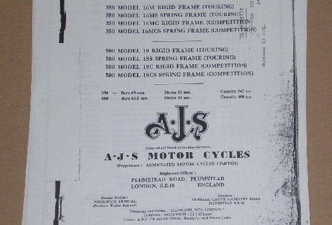 AJS Spares List For 1954 Motor Cycles 350 & 500ccm