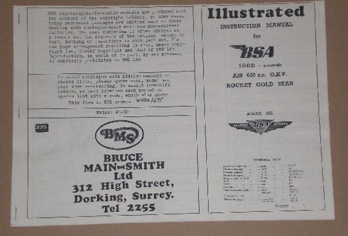 BSA Instruction Manual 1962 onwards A10 650c.c. O.H.V. ROCKET GOLD STAR  