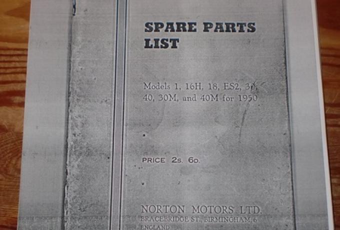 Norton Spare Parts List Models 1, 16H, 18, ES2, 30, 40, 30M and 40M for 1950, Copy