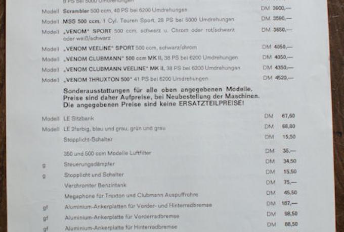Velocette Motorräder Preisliste 1970, Price List
