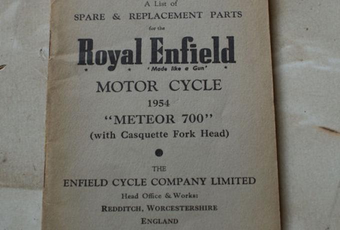 A List of Spare & Replacement Parts of the Royal Enfield Motor Cycle 1954 "Meteor 700"