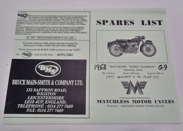 Spares List 1953 Matchless "super clubman"