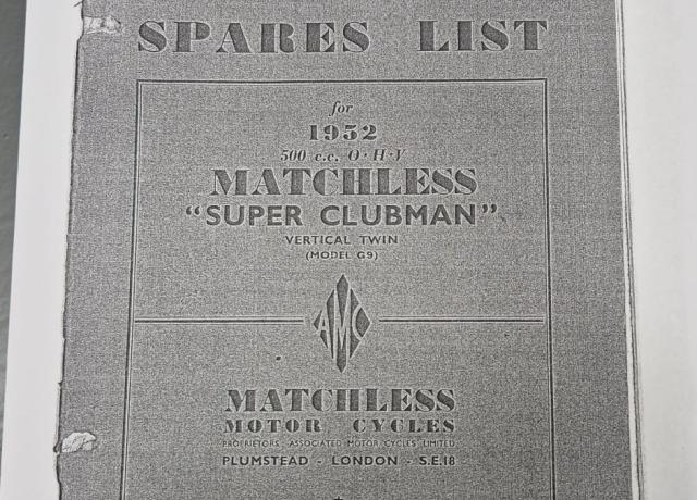 Matchless Super Clubman G9 Spares List 1952