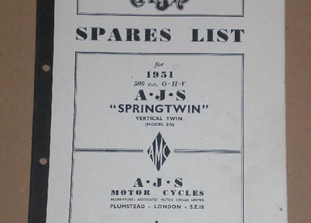 AJS Spares List 1951 500c.c. O.H.V. "Springtwin" vertical twin (Model 20)