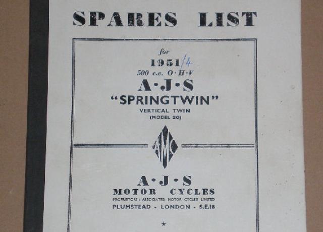 AJS Spares List, Teilebuch 1951/4 500c.c. O.H.V.  "Springtwin" vertical twin (model 20), Teilebuch