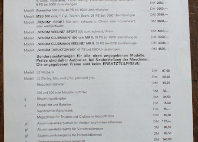 Velocette Motorräder Preisliste 1970, Price List